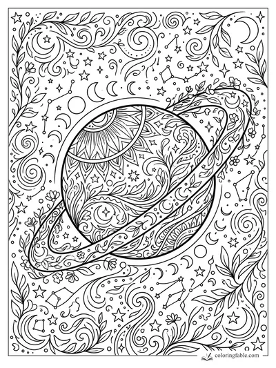 Intricate ringed planet coloring page with floral vines, crescent moons, stars, constellations, and swirling sky patterns.