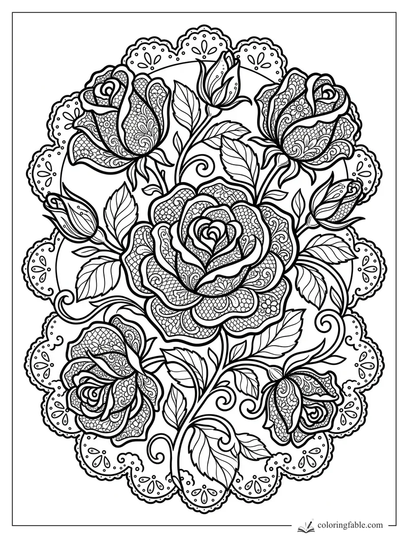 Intricate rose mandala with lace-patterned petals, buds, leaves, curling vines, and scalloped border