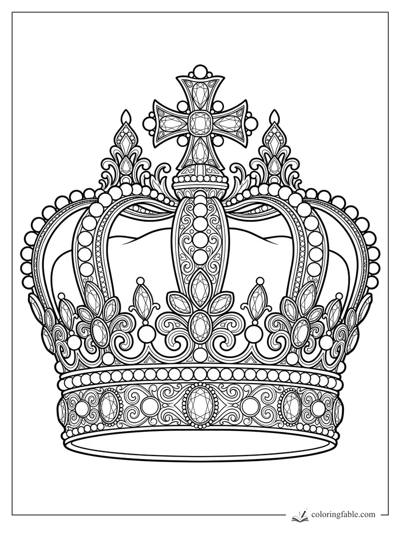 Realistic ornate crown coloring page with jeweled cross, pearl arches, fleur-de-lis details, and scrollwork band
