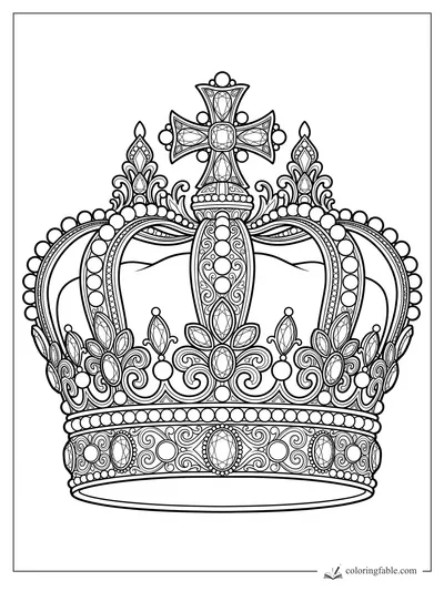 Realistic ornate crown coloring page with jeweled cross, pearl arches, fleur-de-lis details, and scrollwork band