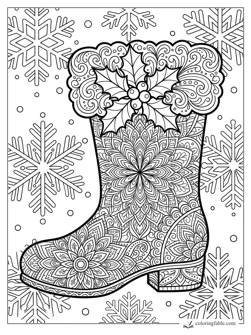 Intricate mandala Santa boot with holly cuff, floral patterns, swirling trim, and large snowflakes