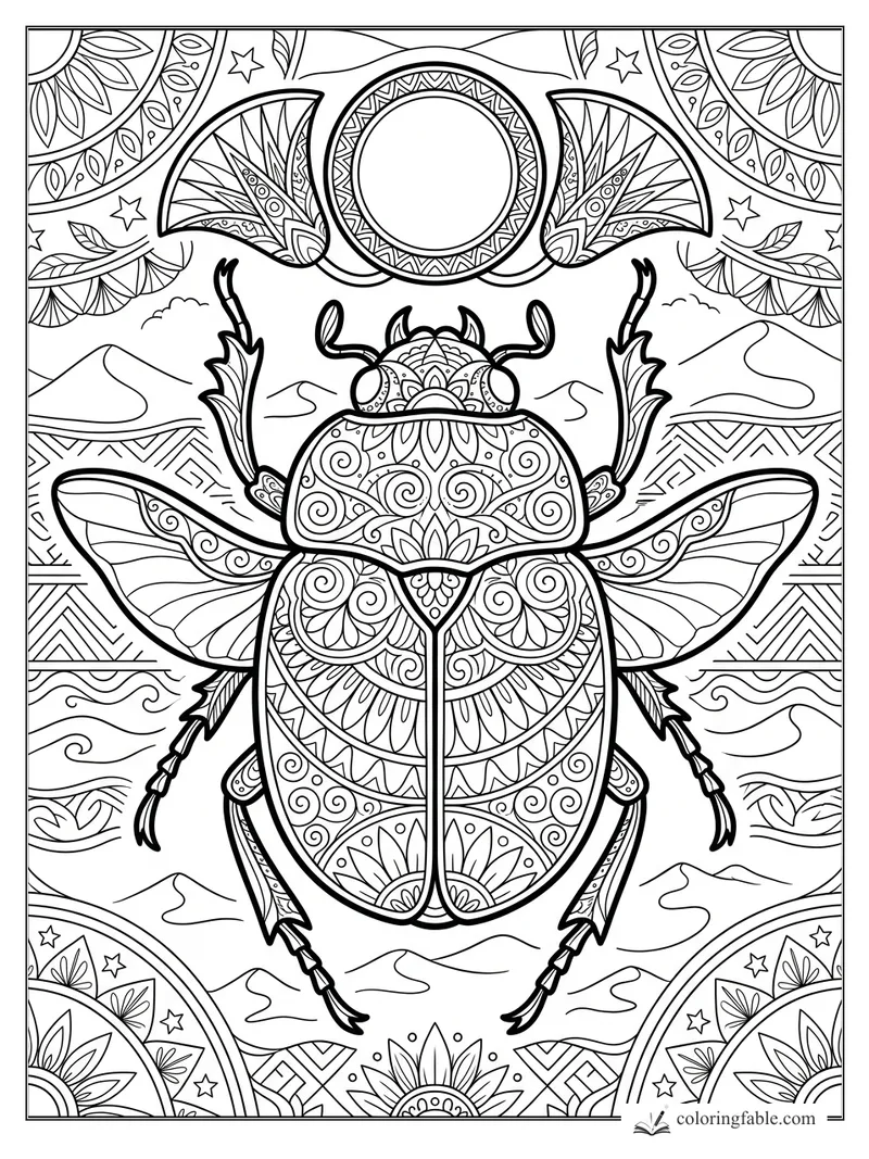 Intricate zentangle scarab beetle with raised legs, patterned wings, crescent moon, stars, and desert hills.