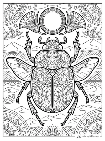 Intricate zentangle scarab beetle with raised legs, patterned wings, crescent moon, stars, and desert hills.