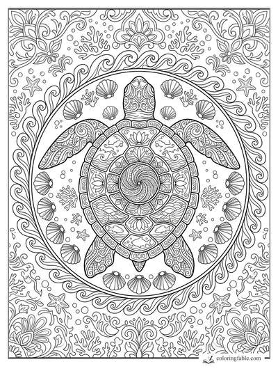 Intricate sea turtle mandala with spiral shell, waves, seashells, coral, bubbles, and starfish.