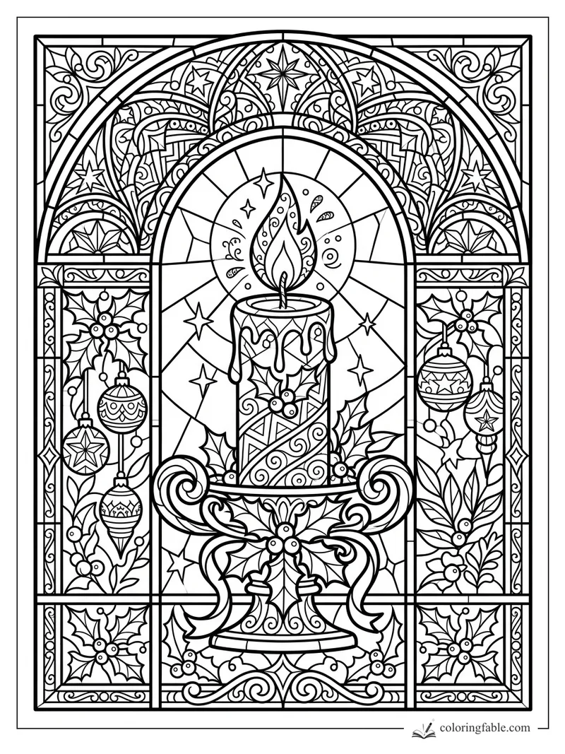 Intricate stained-glass candle with flame, holly leaves, hanging ornaments, stars, and arched panels