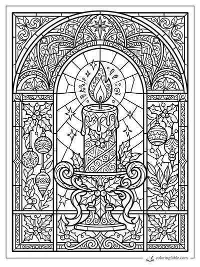 Intricate stained-glass candle with flame, holly leaves, hanging ornaments, stars, and arched panels