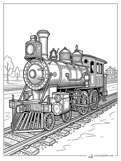 Intricate engraving-style steam train with scrollwork, cowcatcher, tracks, trees, and station building