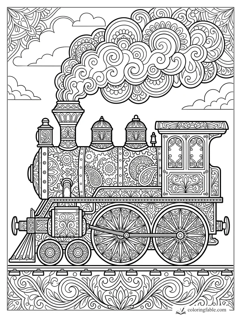 Intricate mandala steam train with patterned wheels, floral panels, rails, clouds, and swirling smoke