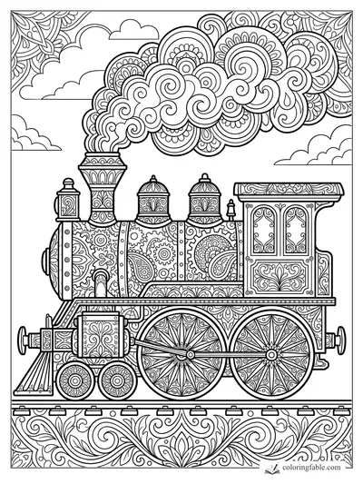 Intricate mandala steam train with patterned wheels, floral panels, rails, clouds, and swirling smoke