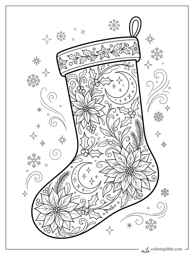 Intricate Christmas stocking with poinsettias, holly, crescent moons, stars, snowflakes, and swirling wind.