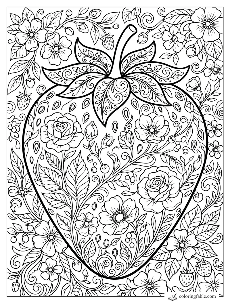 Intricate floral strawberry coloring page with roses, blossoms, leaves, vines, and swirling seed patterns.