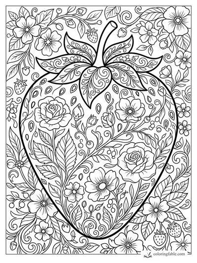 Intricate floral strawberry coloring page with roses, blossoms, leaves, vines, and swirling seed patterns.