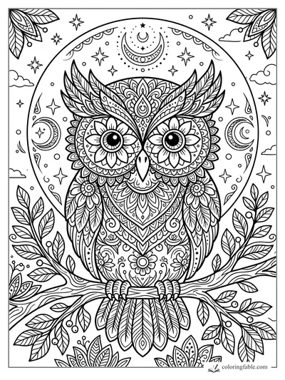 Intricate sugar skull owl on a branch with floral eyes, leafy wings, stars, clouds, and crescent moons.