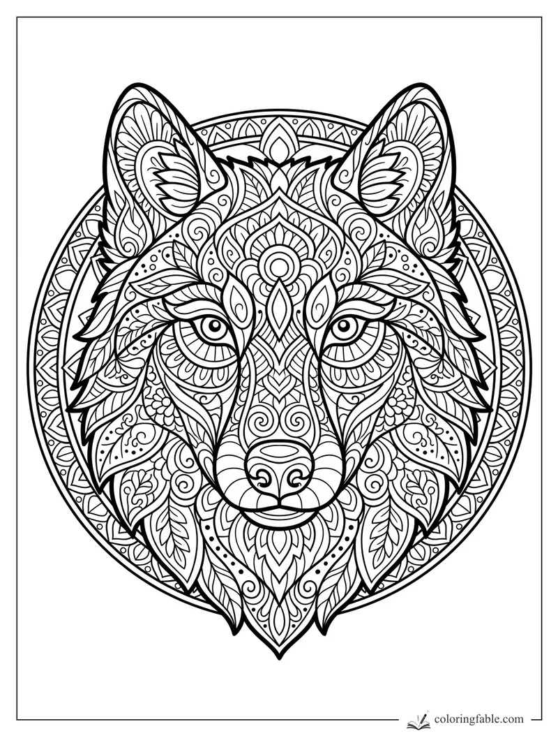 Intricate wolf mandala face with floral ears, leaf patterns, calm eyes, and circular border
