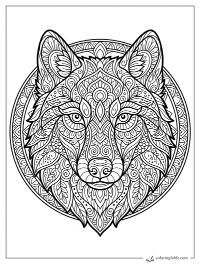 Intricate wolf mandala face with floral ears, leaf patterns, calm eyes, and circular border