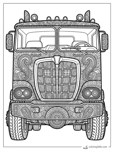 Front view of an intricate zentangle truck with patterned grille, windshield, mirrors, lights, and tires.