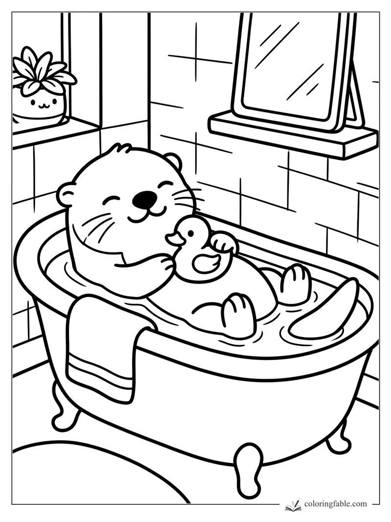 Smiling otter in a claw-foot bathtub cuddling a rubber duck, with towel, mirror, and potted flower.