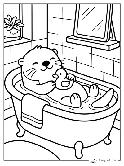 Smiling otter in a claw-foot bathtub cuddling a rubber duck, with towel, mirror, and potted flower.