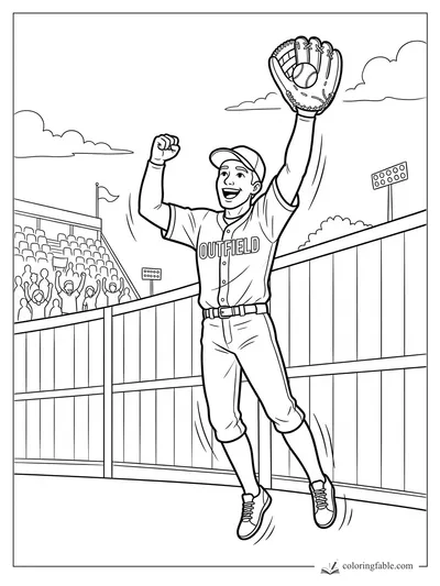 Smiling outfielder jumps by the fence with a baseball in his raised glove as fans cheer.