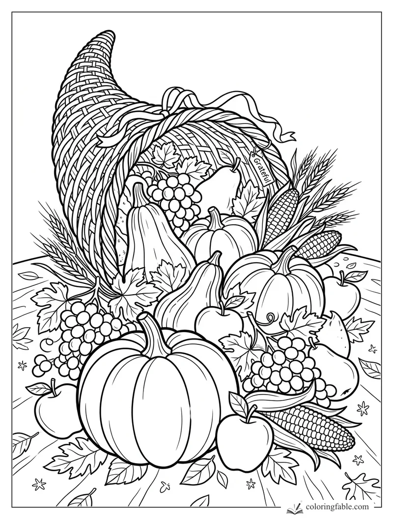Fall cornucopia coloring page with pumpkins, corn, apples, grapes, wheat, leaves, and a grateful tag.