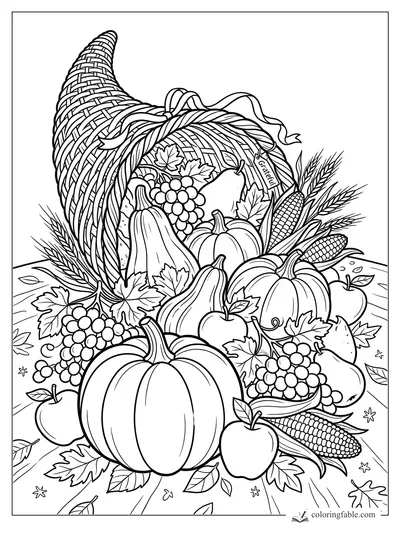 Fall cornucopia coloring page with pumpkins, corn, apples, grapes, wheat, leaves, and a grateful tag.