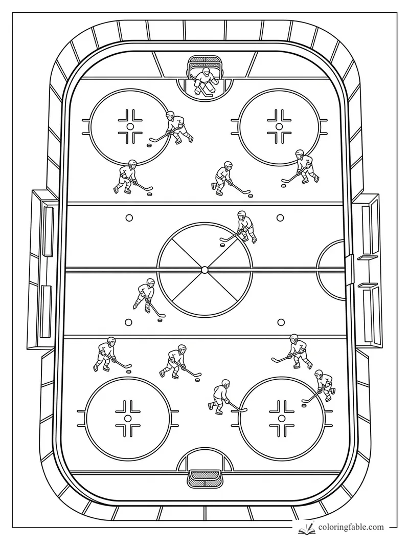 Overhead hockey rink coloring page with two goals, faceoff circles, boards, and many skaters with pucks