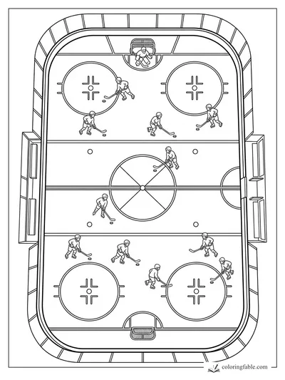 Overhead hockey rink coloring page with two goals, faceoff circles, boards, and many skaters with pucks