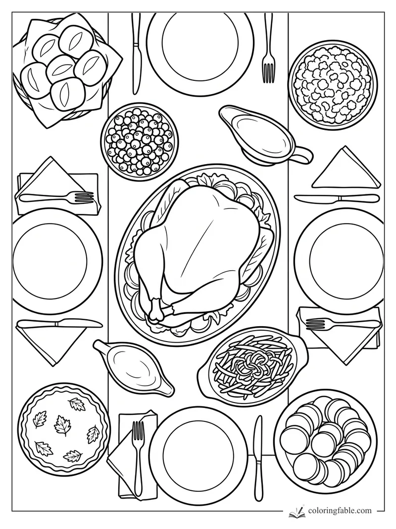 Overhead Thanksgiving feast coloring page with turkey, pie, rolls, gravy, sides, plates, forks, and napkins