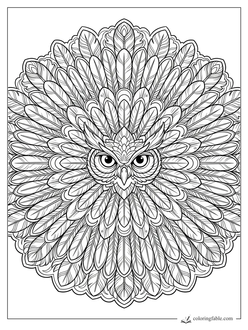 Intricate owl mandala coloring page with wide eyes, layered feathers, leaf veins, and scalloped outer edges