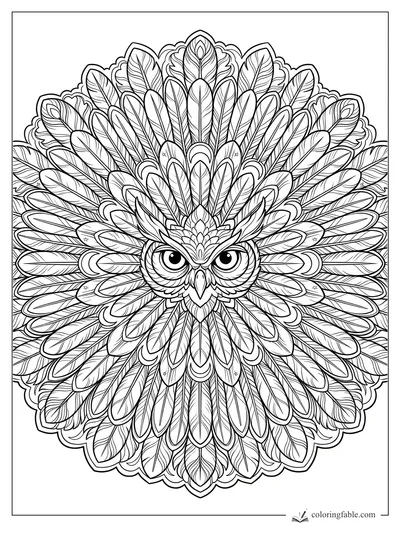 Intricate owl mandala coloring page with wide eyes, layered feathers, leaf veins, and scalloped outer edges