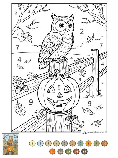 Owl Guarding a Grinning Pumpkin on the Fence — color by number