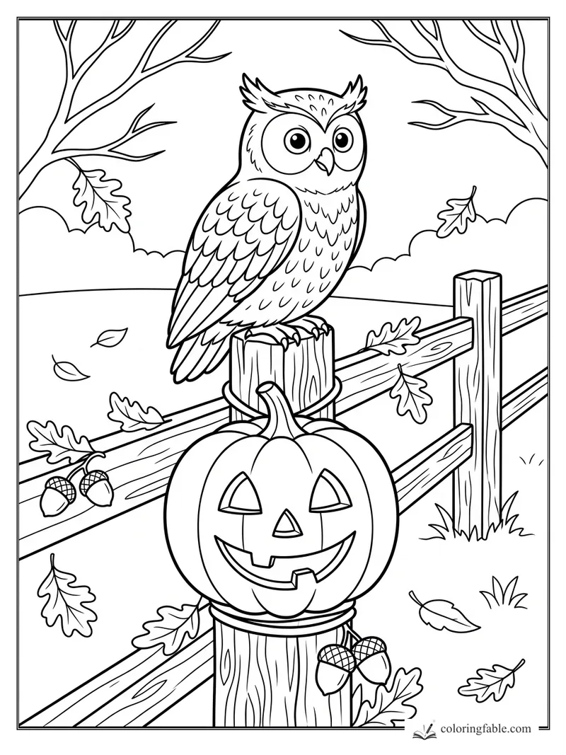 Cartoon owl perched above a smiling jack-o'-lantern on a wooden fence with oak leaves and acorns.