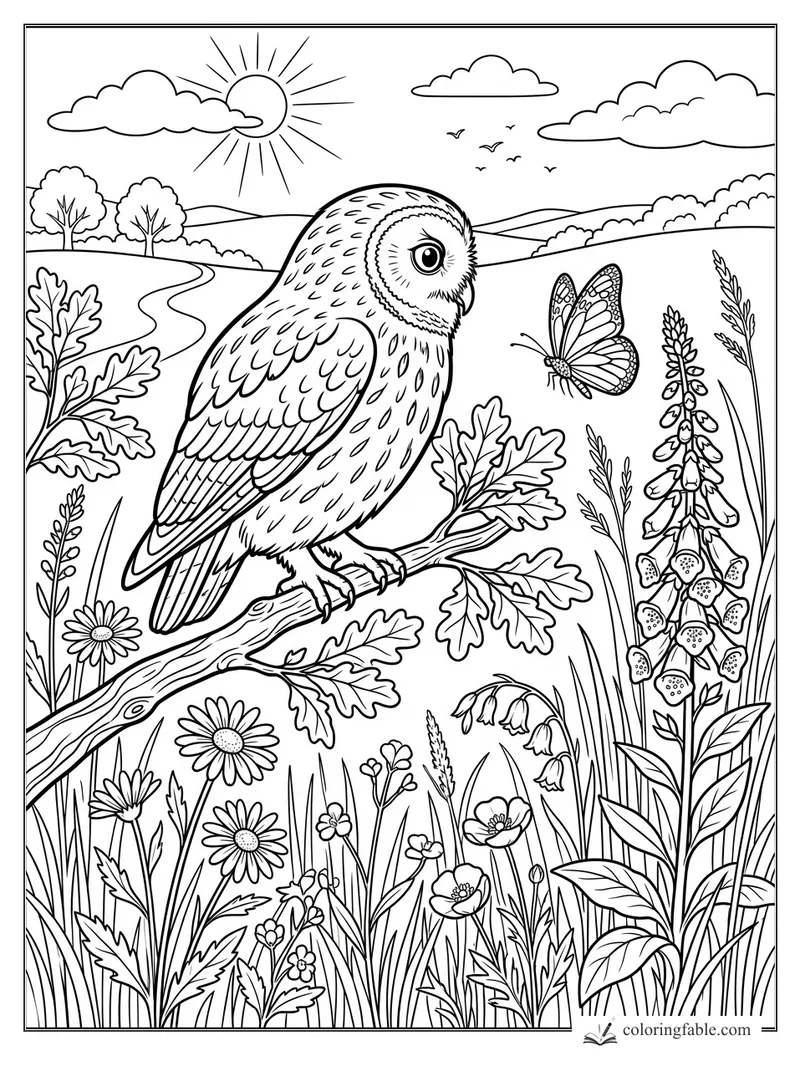Owl perched on an oak branch with butterfly, foxgloves, daisies, sun, clouds, and rolling hills
