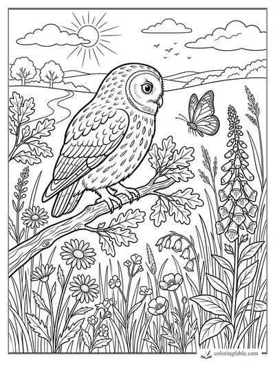 Owl perched on an oak branch with butterfly, foxgloves, daisies, sun, clouds, and rolling hills