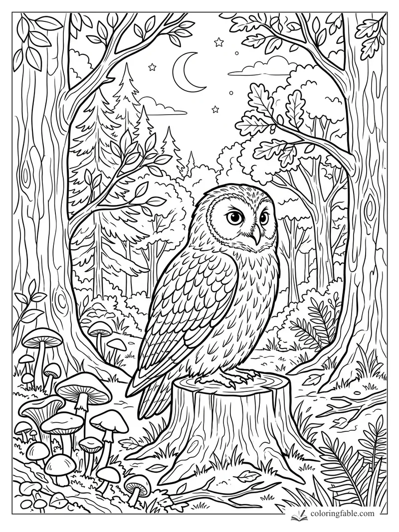 Owl perched on a tree stump in a moonlit forest with mushrooms, stars, branches, and tall trees.