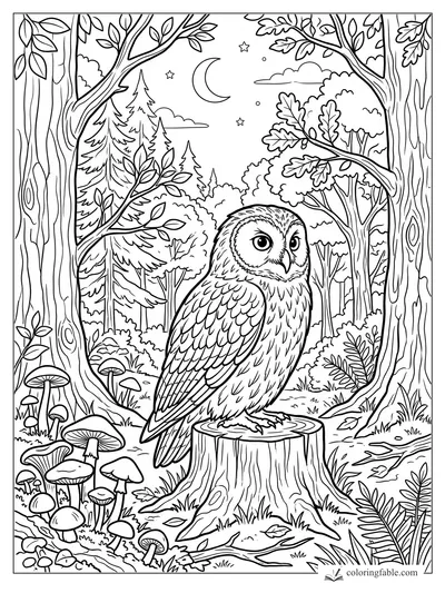 Owl perched on a tree stump in a moonlit forest with mushrooms, stars, branches, and tall trees.