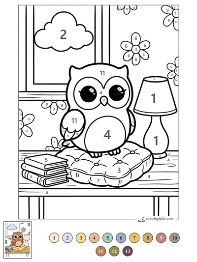 Owl on a Tufted Reading Cushion — color by number