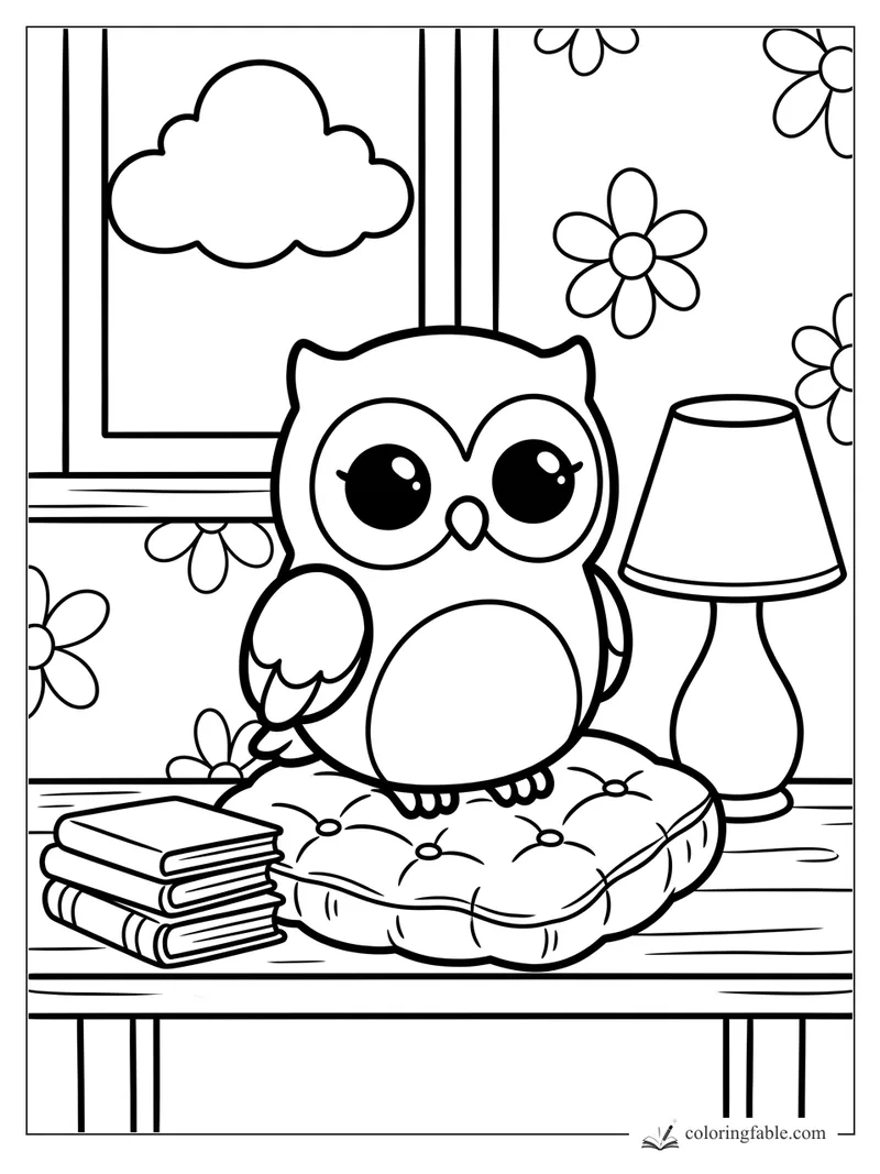 Cozy owl on a tufted cushion beside stacked books, a lamp, flower wallpaper, and a cloudy window.