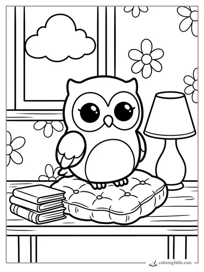 Cozy owl on a tufted cushion beside stacked books, a lamp, flower wallpaper, and a cloudy window.