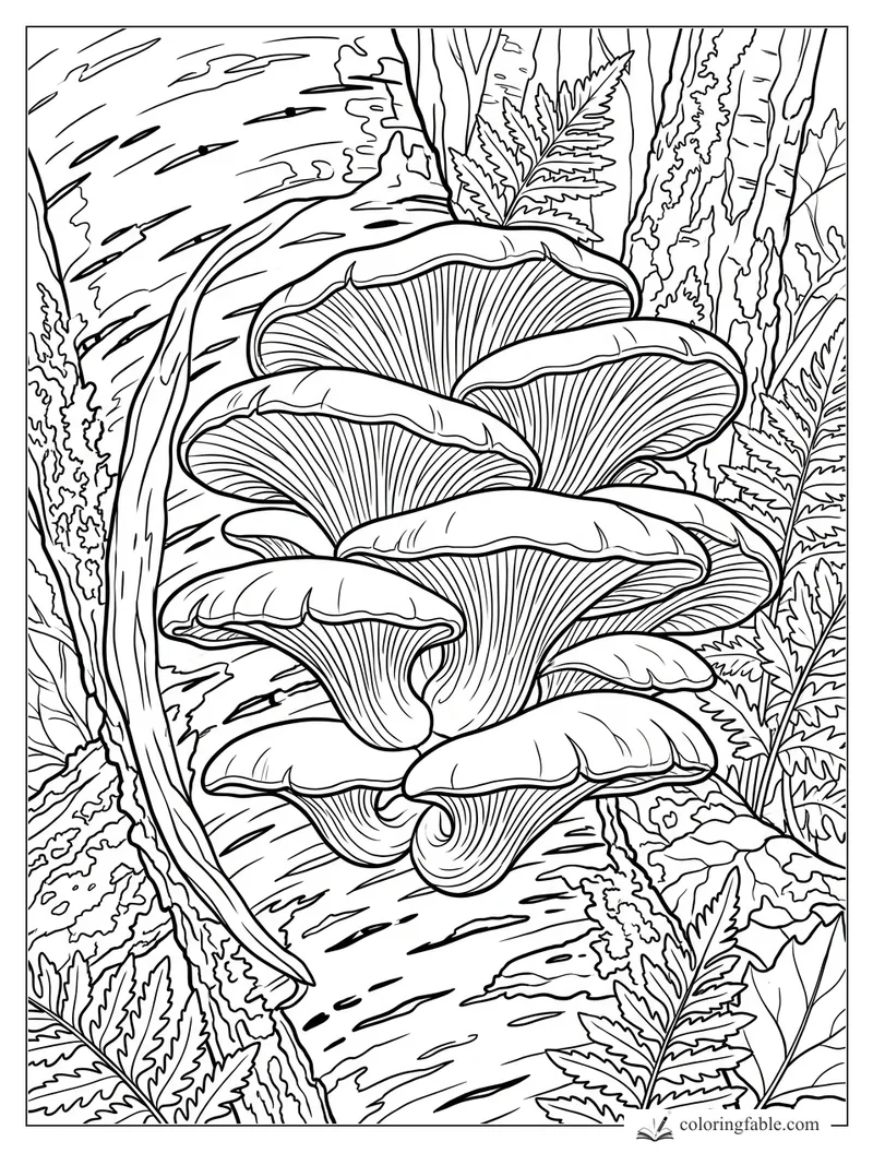 Realistic oyster mushrooms growing from a birch log among ferns and rough tree bark