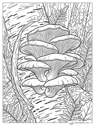 Realistic oyster mushrooms growing from a birch log among ferns and rough tree bark
