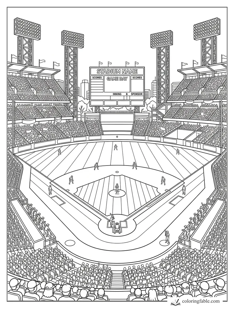 Realistic baseball stadium coloring page with a full crowd, scoreboard, light towers, and players on the field