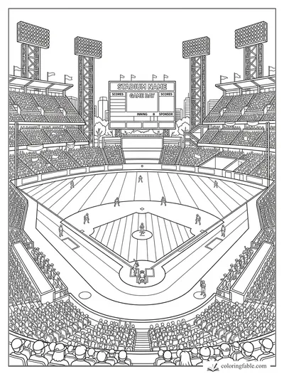 Realistic baseball stadium coloring page with a full crowd, scoreboard, light towers, and players on the field
