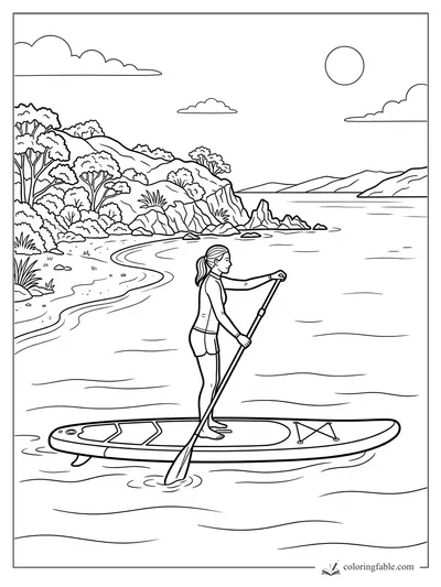 Girl paddleboarding in a calm summer cove with rocky cliffs, trees, distant hills, clouds, and sun