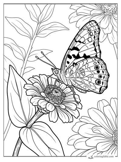 Realistic painted lady butterfly sipping from a zinnia among leaves and large garden flowers