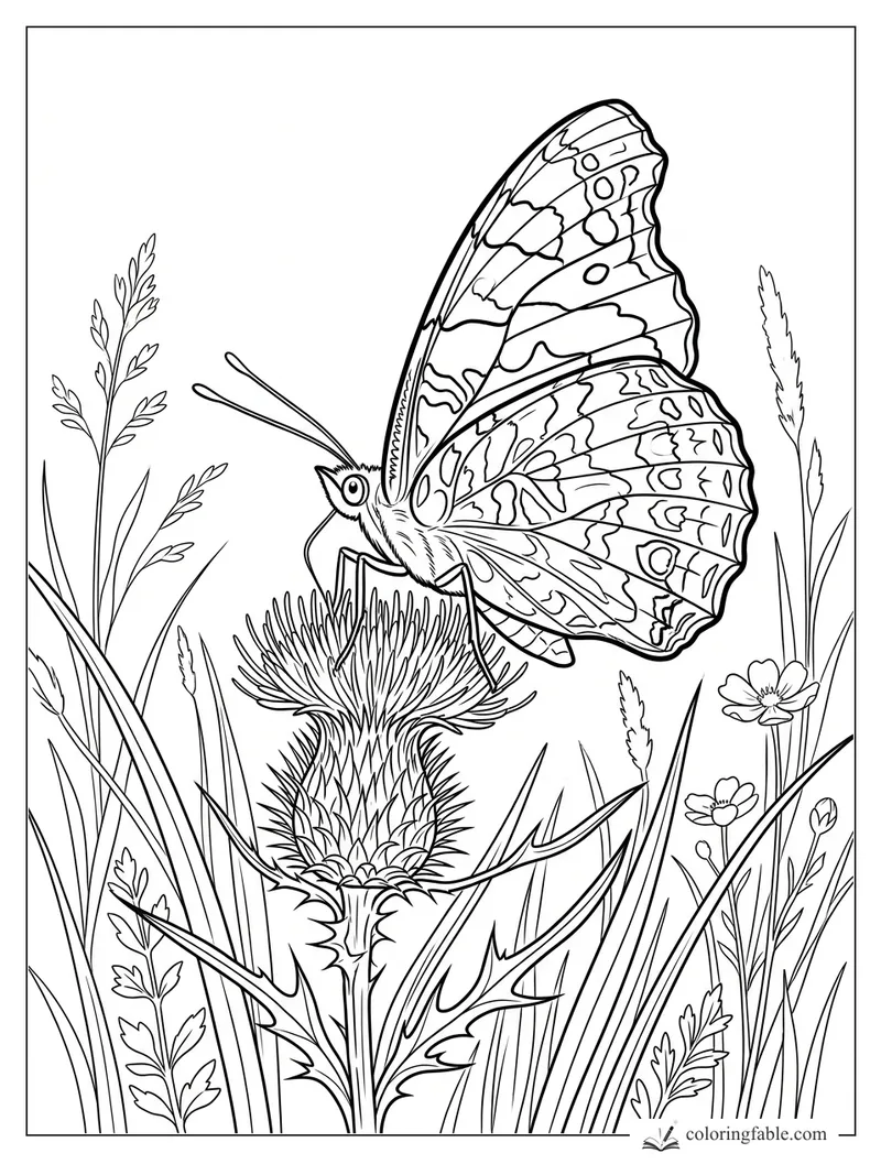 Realistic butterfly perched on a spiky thistle among tall grasses and small wildflowers