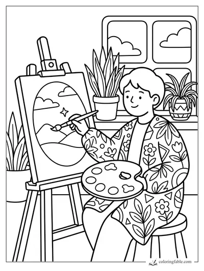 Artist painting a mountain landscape at an easel, with houseplants, window clouds, palette, and patterned smock.