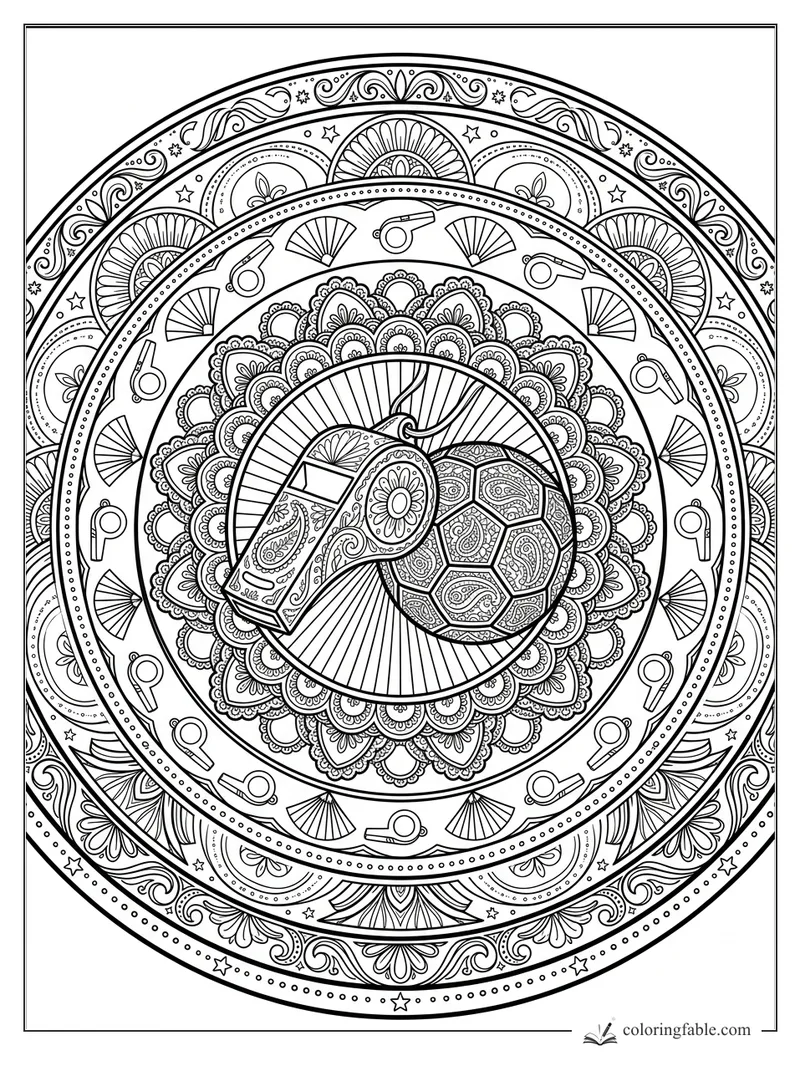 Intricate football mandala with a paisley ball, patterned whistle, fans, stars, and floral rings