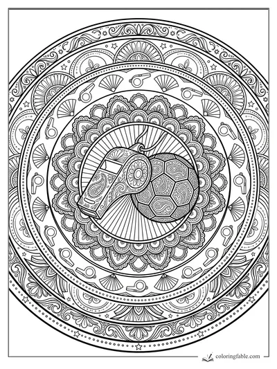 Intricate football mandala with a paisley ball, patterned whistle, fans, stars, and floral rings