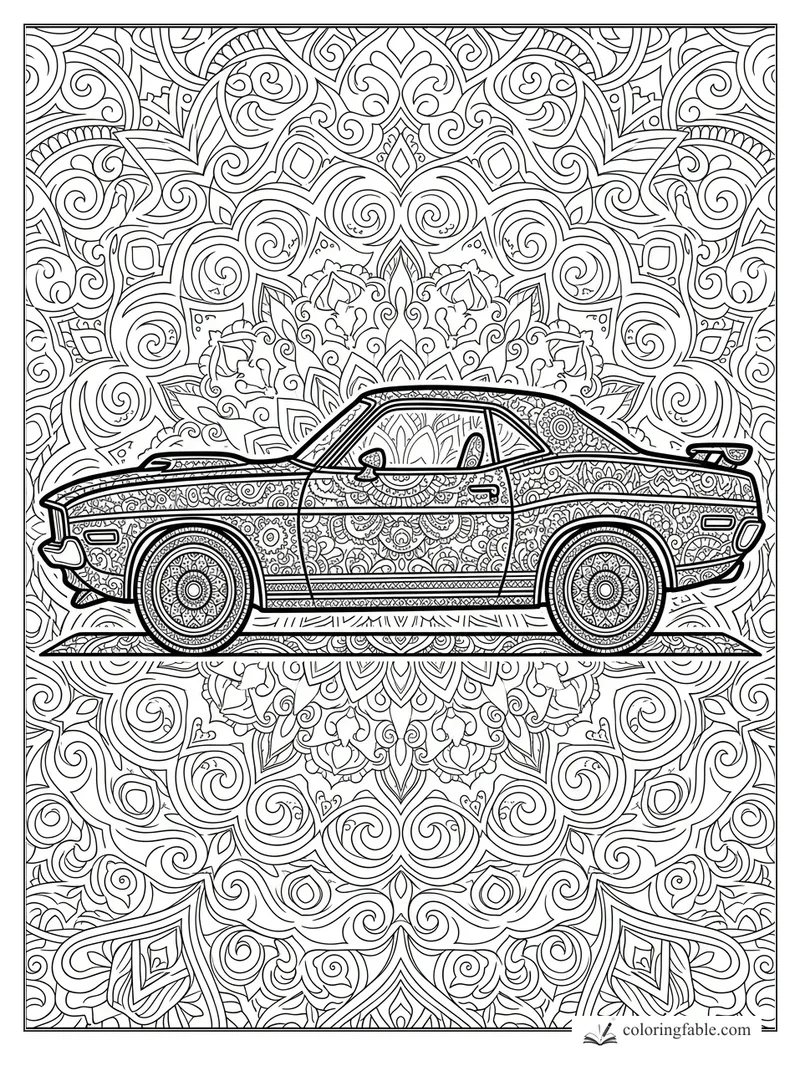 Intricate muscle car coloring page with paisley body panels, patterned wheels, and ornate mandala background